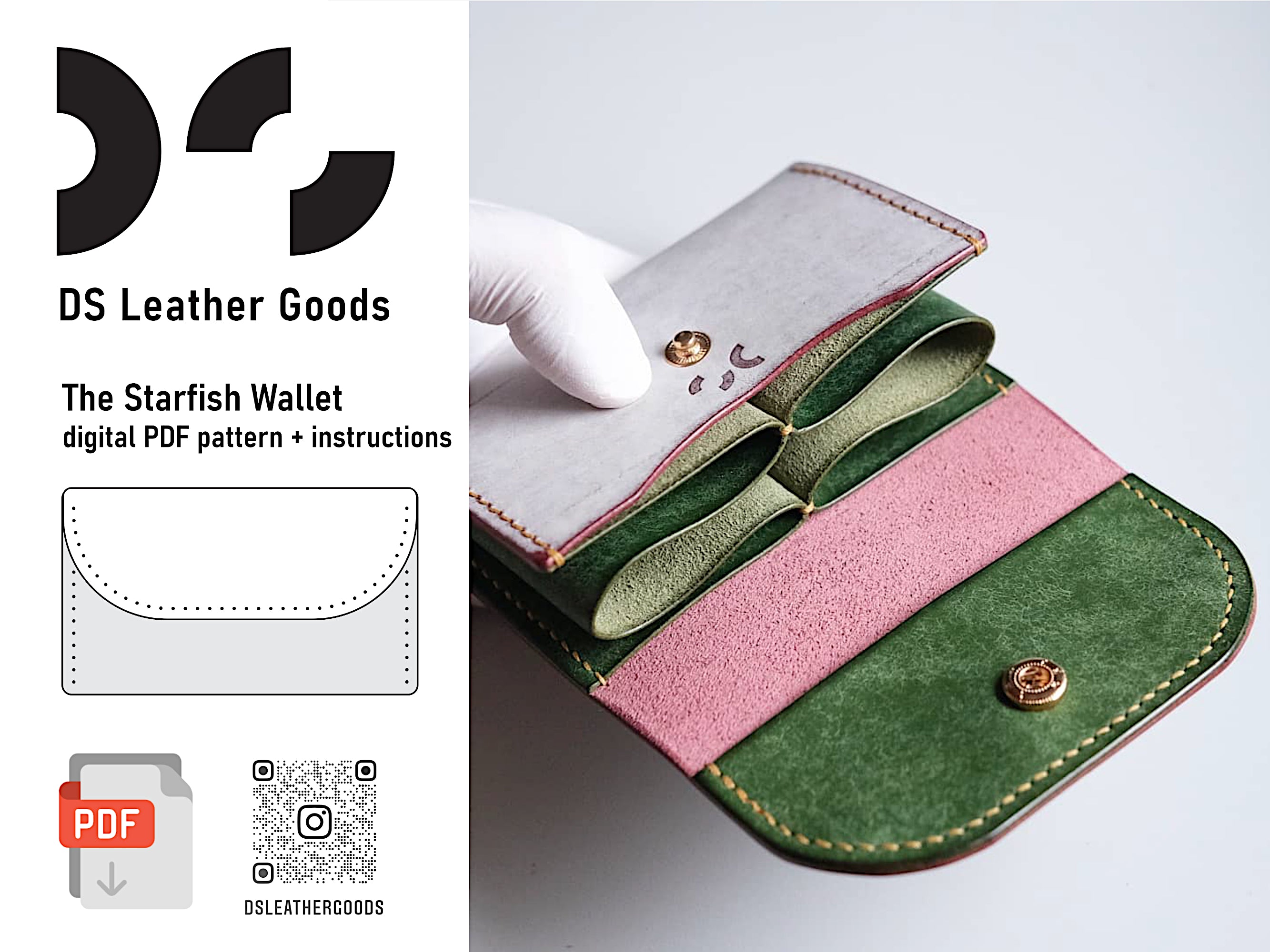 Leather PDF Bifold Wallet Pattern With Snap Button Template 